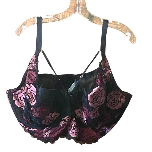Cacique Bra 44F Pink Roses Black Lace Adjustable Straps Padded Cups Sexy - Picture 10 of 11